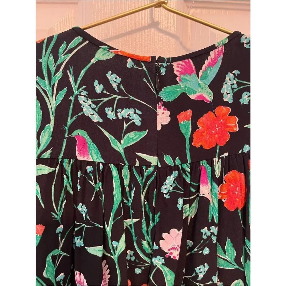 Kate Spade Hummingbird Floral Romper Black Crepe Tassel XS